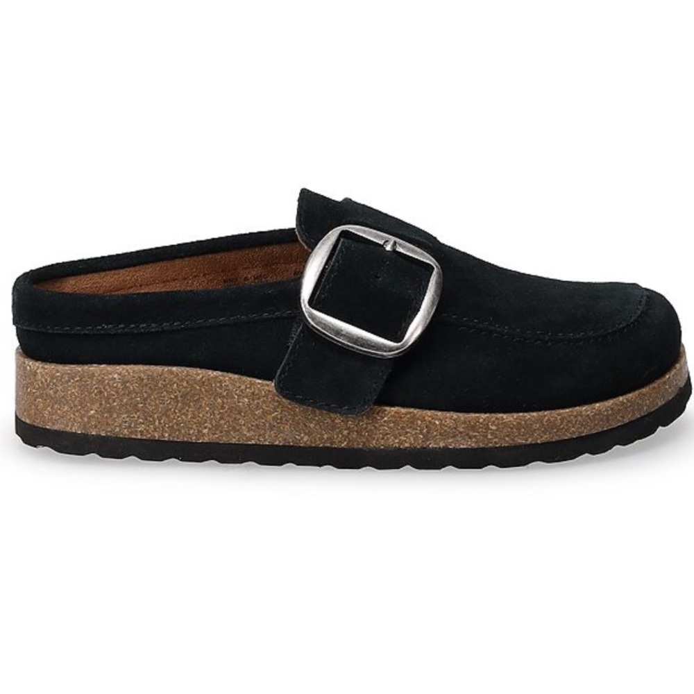 BEING DELETED Black Suede Big Buckle Mules/Clogs